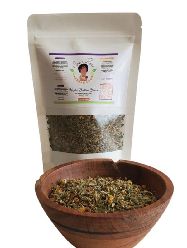 Organic Loose Leaf Bedtime Blend Herbal Tea. Comes with a resealable tea bag in a white pouch with a transparent window showing dried herb mixture.