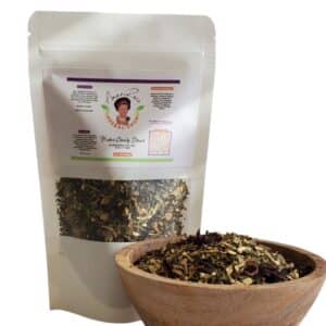 Organic Loose Leaf Clarity Blend Herbal Tea. Comes with a resealable tea bag in a white pouch with a transparent window showing dried herb mixture.
