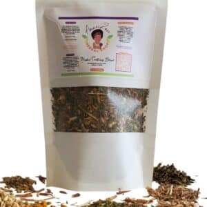 Organic Loose Leaf Soothing Blend Herbal Tea. Comes with a resealable tea bag in a white pouch with a transparent window showing dried herb mixture.