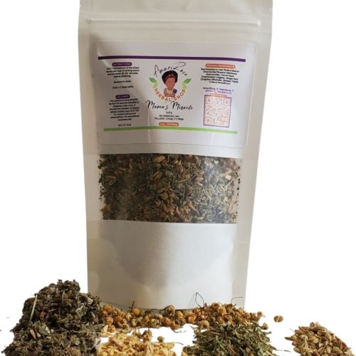 Organic Loose Leaf Mama's Miracle Mix Herbal Tea. Comes with a resealable tea bag in a white pouch with a transparent window showing dried herb mixture.